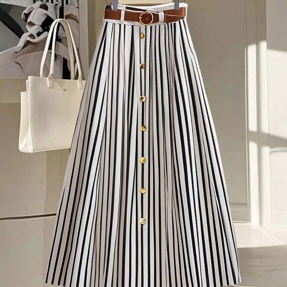 Dresses & Skirts - Black And White Casual Women's Pleated Maxi Skirt With Faux Leather Belt